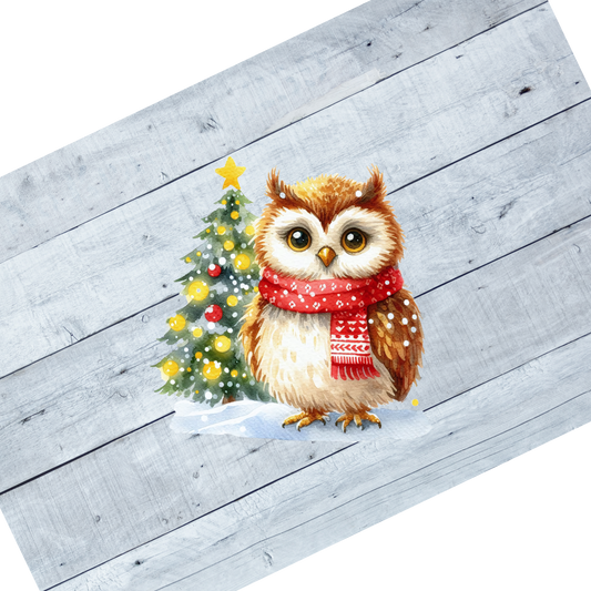 Owl with red scarf and tree