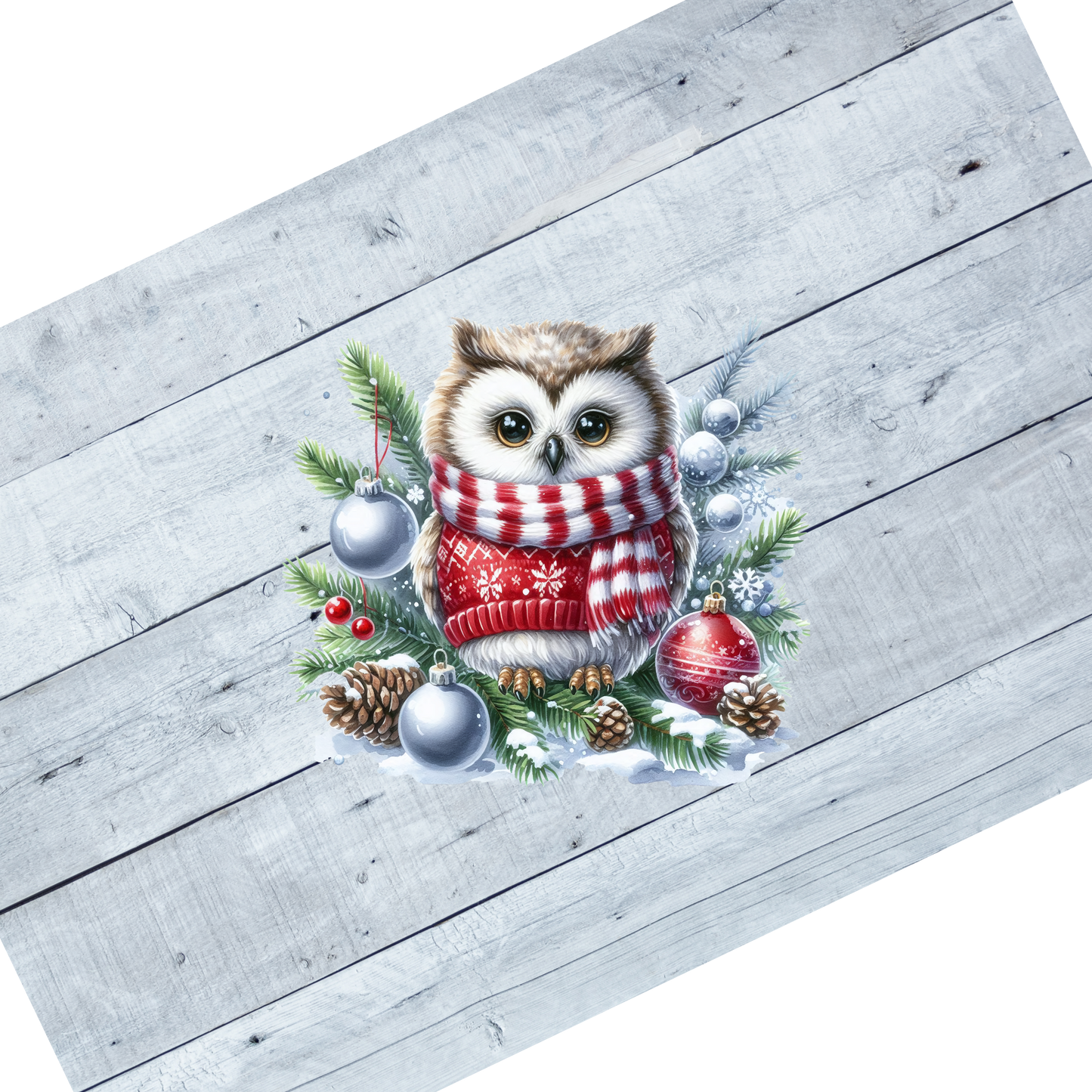 Owl- Red striped scarf with ornaments and fir