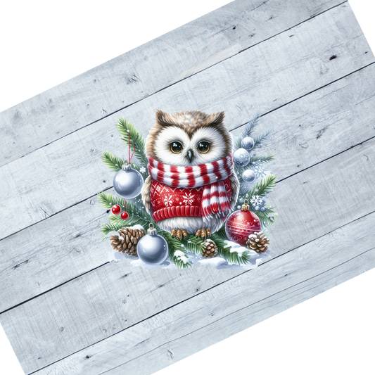 Owl- Red striped scarf with ornaments and fir